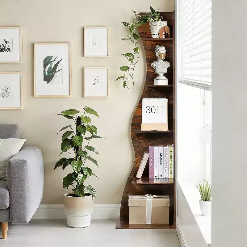 Étagère d'angle 5 niveaux Wave, étagère de rangement rustique facile à monter, organisateur peu encombrant pour la décoration intérieure