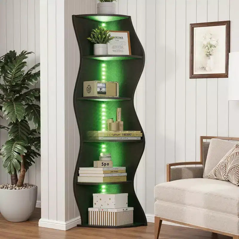 Étagère d'angle 5 niveaux Wave, étagère de rangement rustique facile à monter, organisateur peu encombrant pour la décoration intérieure