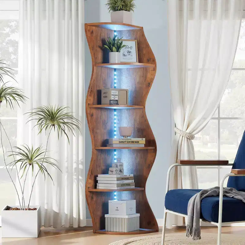 Étagère d'angle 5 niveaux Wave, étagère de rangement rustique facile à monter, organisateur peu encombrant pour la décoration intérieure