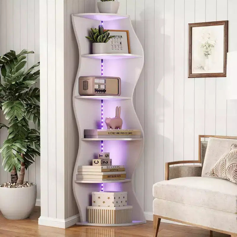 Étagère d'angle 5 niveaux Wave, étagère de rangement rustique facile à monter, organisateur peu encombrant pour la décoration intérieure