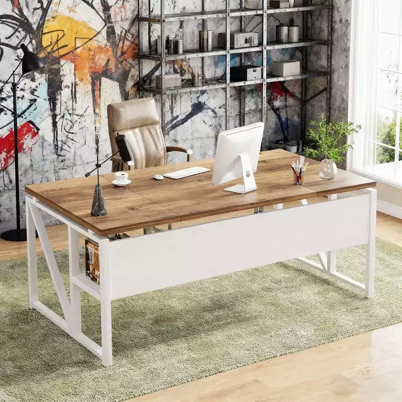 Bureau d'ordinateur de 63 pouces avec étagère de rangement inférieure, table d'écriture pour bureau à domicile, noyer clair, pieds en acier