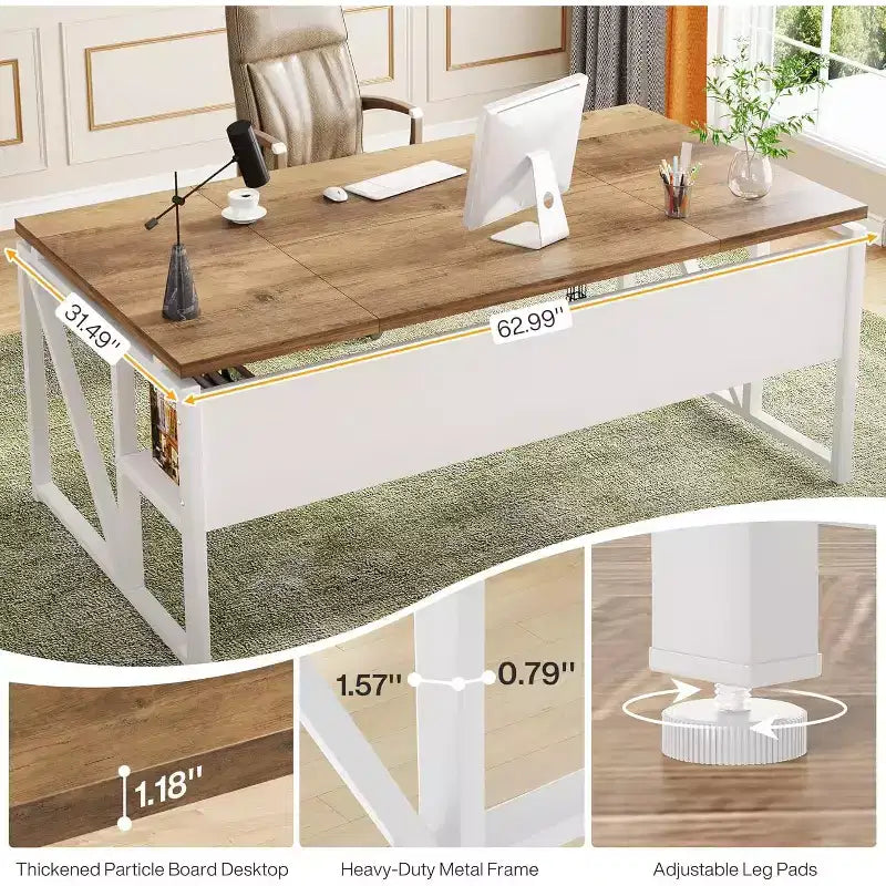 Bureau d'ordinateur de 63 pouces avec étagère de rangement inférieure, table d'écriture pour bureau à domicile, noyer clair, pieds en acier
