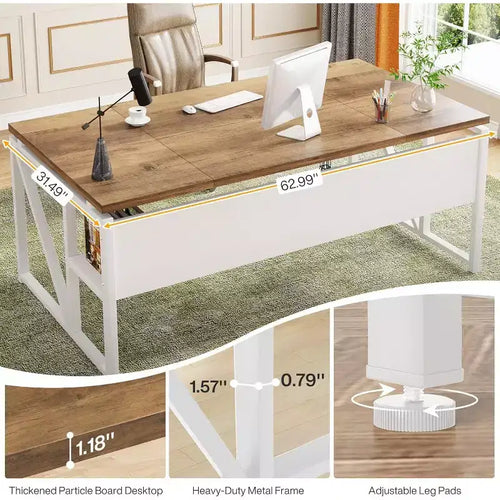 Bureau d'ordinateur de 63 pouces avec étagère de rangement inférieure, table d'écriture pour bureau à domicile, noyer clair, pieds en acier