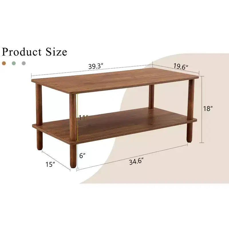 Table basse à 2 niveaux pour salon, table basse rectangulaire avec étagère de rangement ouverte, bois d'hévéa arrondi