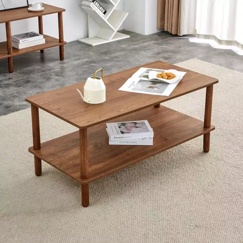 Table basse à 2 niveaux pour salon, table basse rectangulaire avec étagère de rangement ouverte, bois d'hévéa arrondi