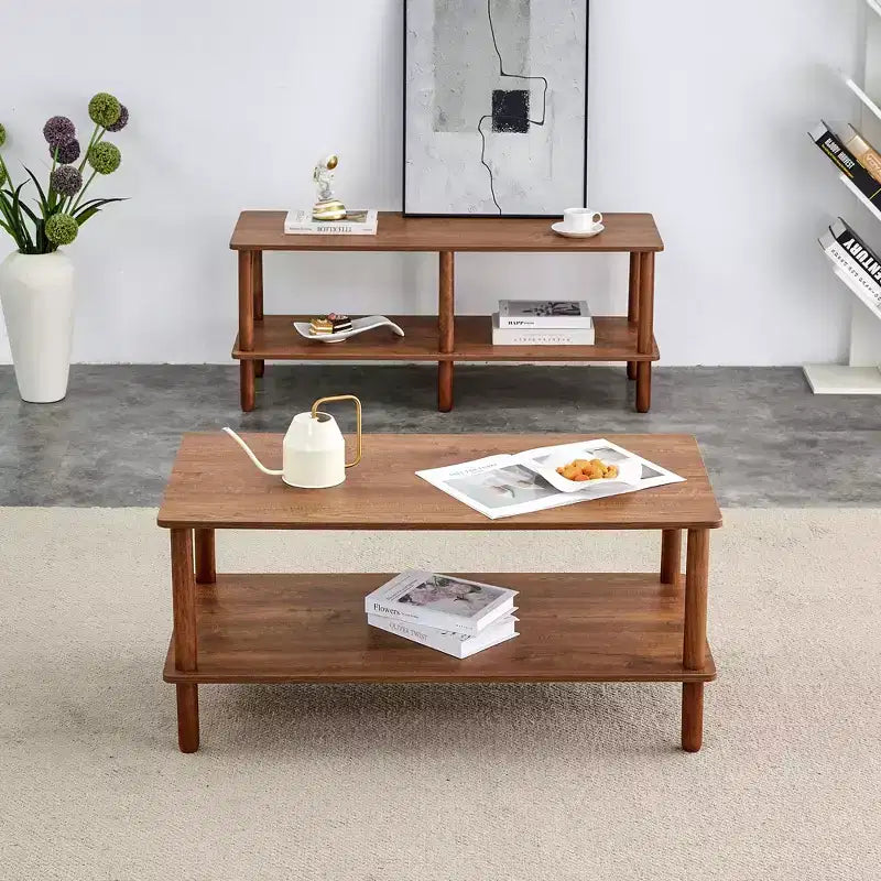 Table basse à 2 niveaux pour salon, table basse rectangulaire avec étagère de rangement ouverte, bois d'hévéa arrondi