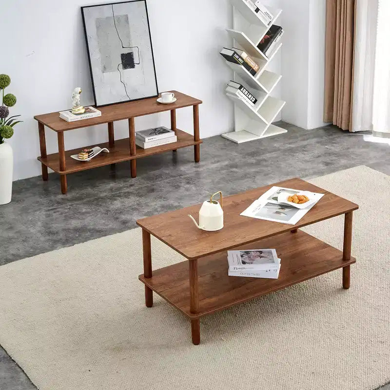 Table basse à 2 niveaux pour salon, table basse rectangulaire avec étagère de rangement ouverte, bois d'hévéa arrondi