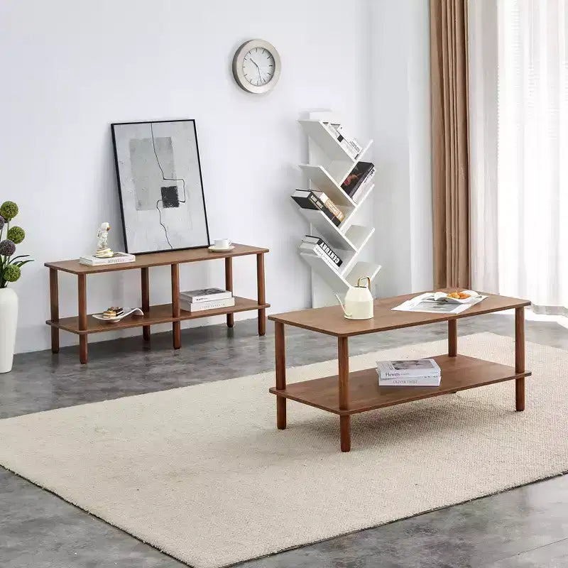 Table basse à 2 niveaux pour salon, table basse rectangulaire avec étagère de rangement ouverte, bois d'hévéa arrondi