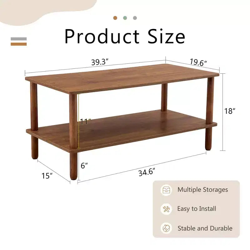 Table basse à 2 niveaux pour salon, table basse rectangulaire avec étagère de rangement ouverte, bois d'hévéa arrondi