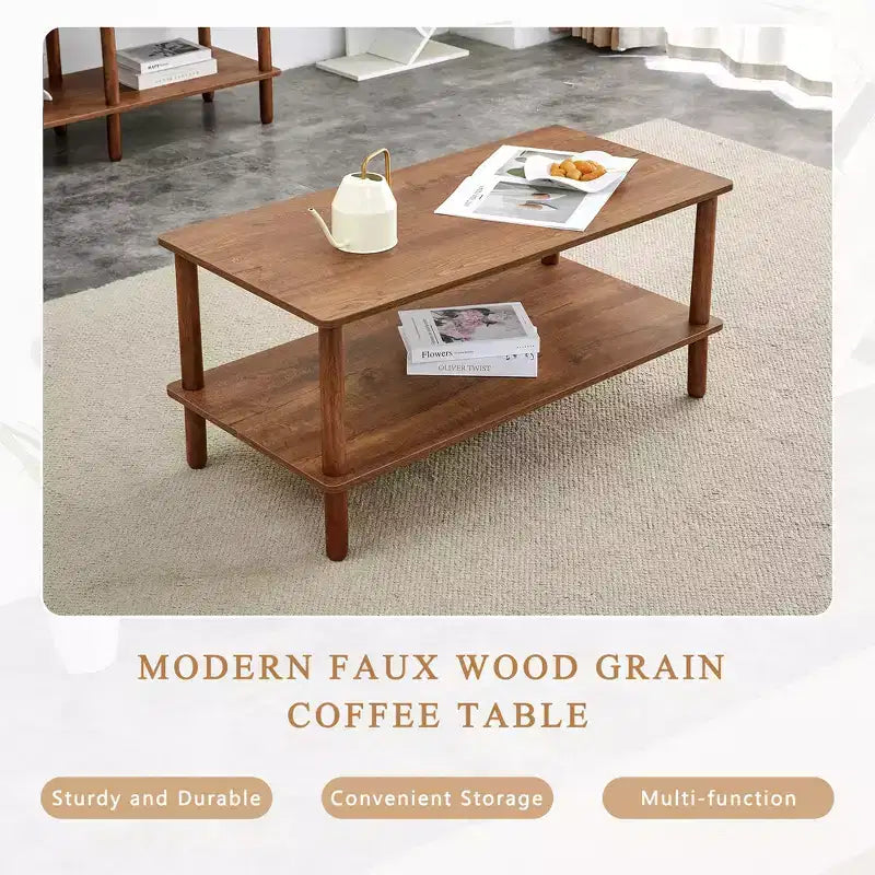 Table basse à 2 niveaux pour salon, table basse rectangulaire avec étagère de rangement ouverte, bois d'hévéa arrondi