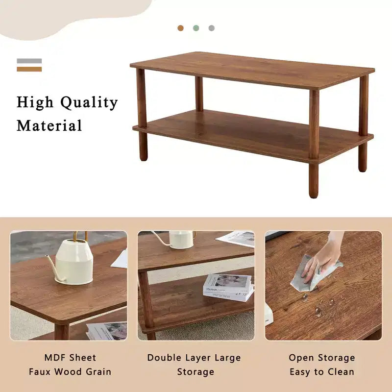Table basse à 2 niveaux pour salon, table basse rectangulaire avec étagère de rangement ouverte, bois d'hévéa arrondi