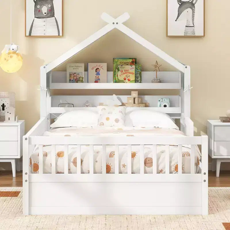 Lit cabane en bois double/complet avec tête de lit de rangement, cadre de lit pour enfants en pin massif avec barrières de sécurité
