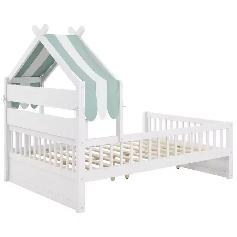 Lit cabane en bois double/complet avec tête de lit de rangement, cadre de lit pour enfants en pin massif avec barrières de sécurité