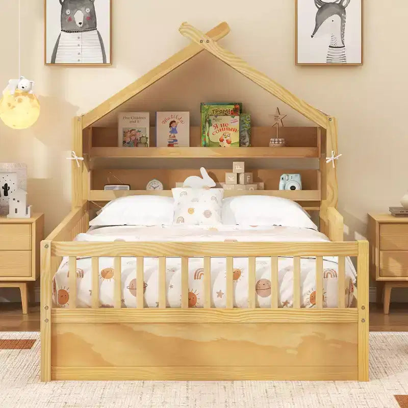 Lit cabane en bois double/complet avec tête de lit de rangement, cadre de lit pour enfants en pin massif avec barrières de sécurité