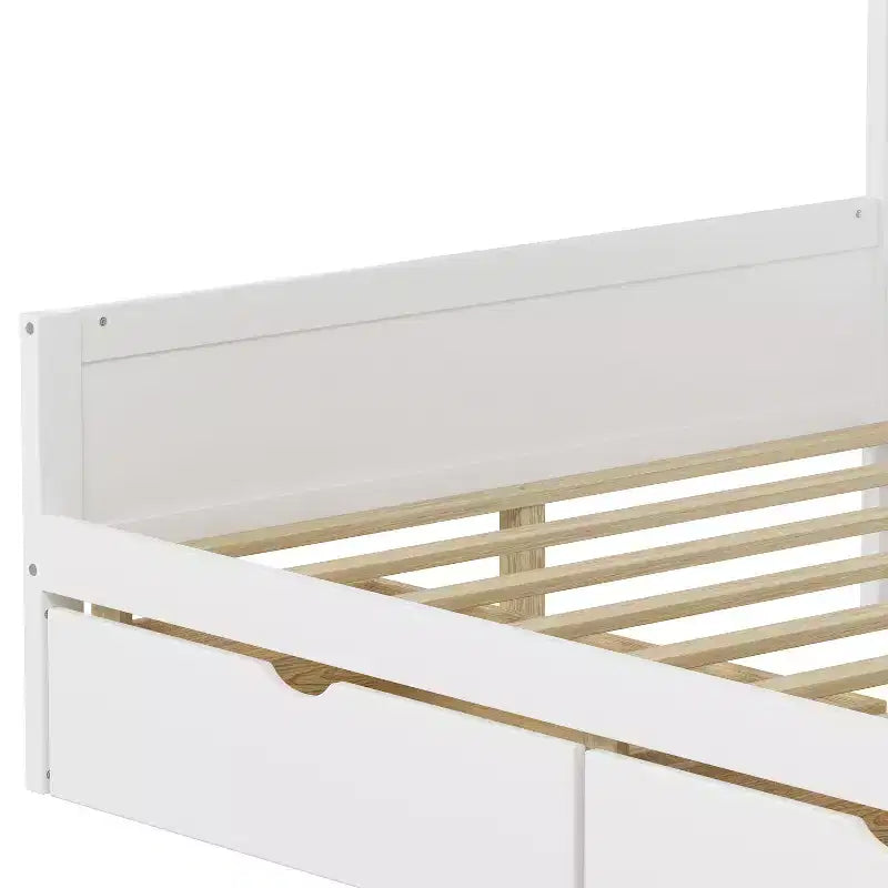 Lit de repos en forme de L en bois avec 7 armoires de rangement, 2 tiroirs, bureau et étagère, blanc