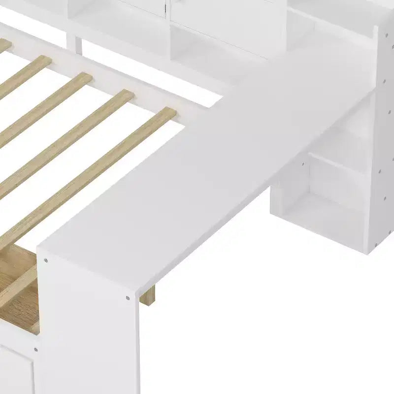 Lit de repos en forme de L en bois avec 7 armoires de rangement, 2 tiroirs, bureau et étagère, blanc