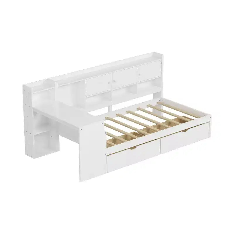 Lit de repos en forme de L en bois avec 7 armoires de rangement, 2 tiroirs, bureau et étagère, blanc