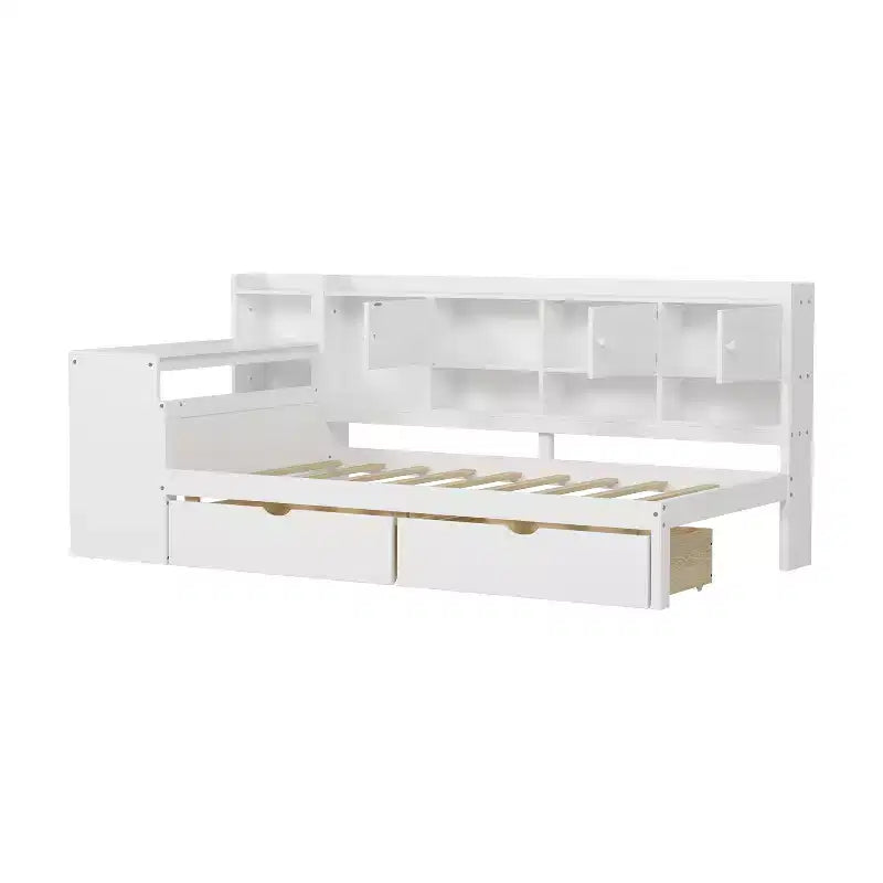 Lit de repos en forme de L en bois avec 7 armoires de rangement, 2 tiroirs, bureau et étagère, blanc