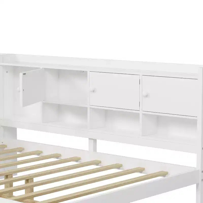 Lit de repos en forme de L en bois avec 7 armoires de rangement, 2 tiroirs, bureau et étagère, blanc