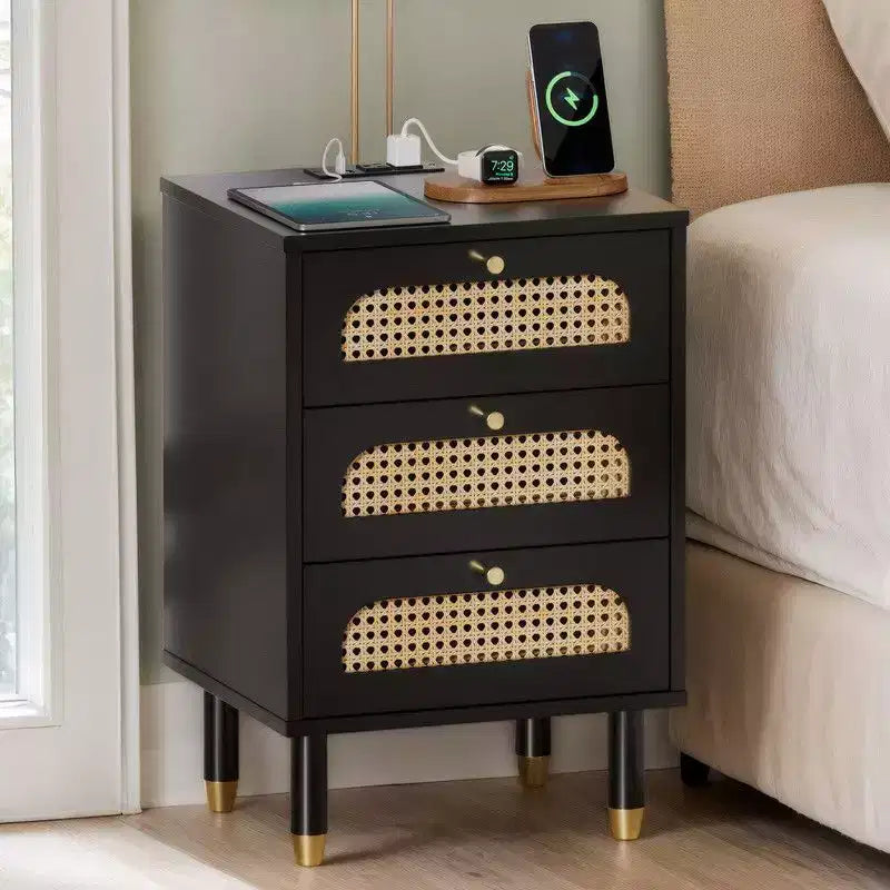 Karl Home 15.75 Inch 3-Drawer Rattan Nightstand with US Standard Power Outlet