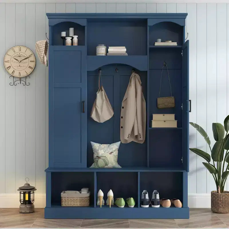 Porte-manteau moderne avec banc de rangement et étagères réglables