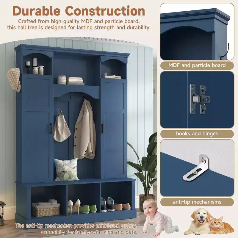 Porte-manteau moderne avec banc de rangement et étagères réglables