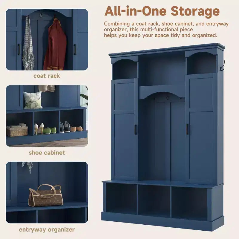 Porte-manteau moderne avec banc de rangement et étagères réglables