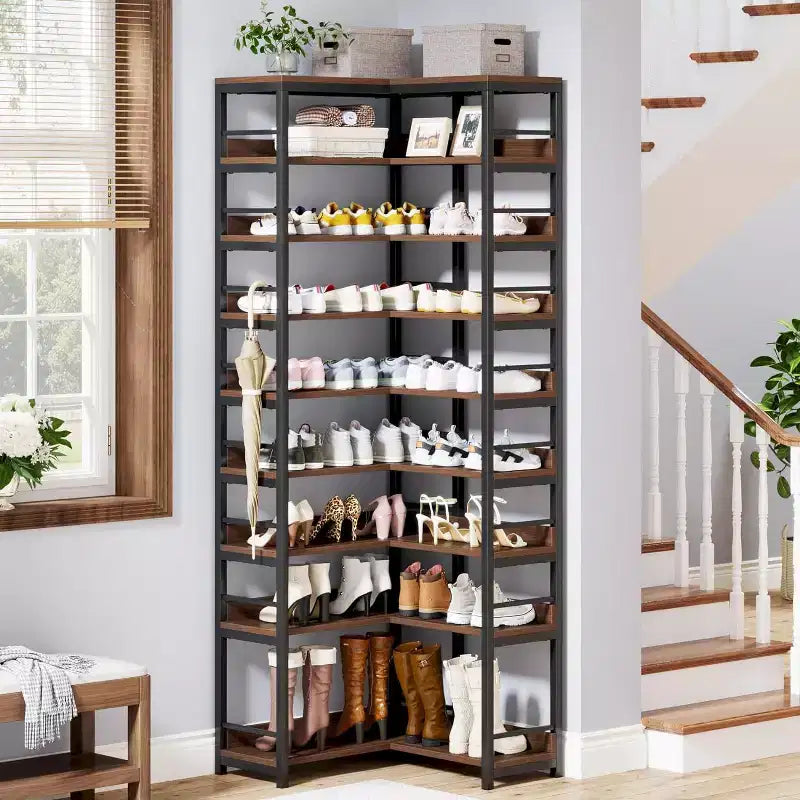 Étagère à chaussures d'angle à 9 niveaux, Organisateur de rangement vertical pour chaussures, Étagère à niveaux