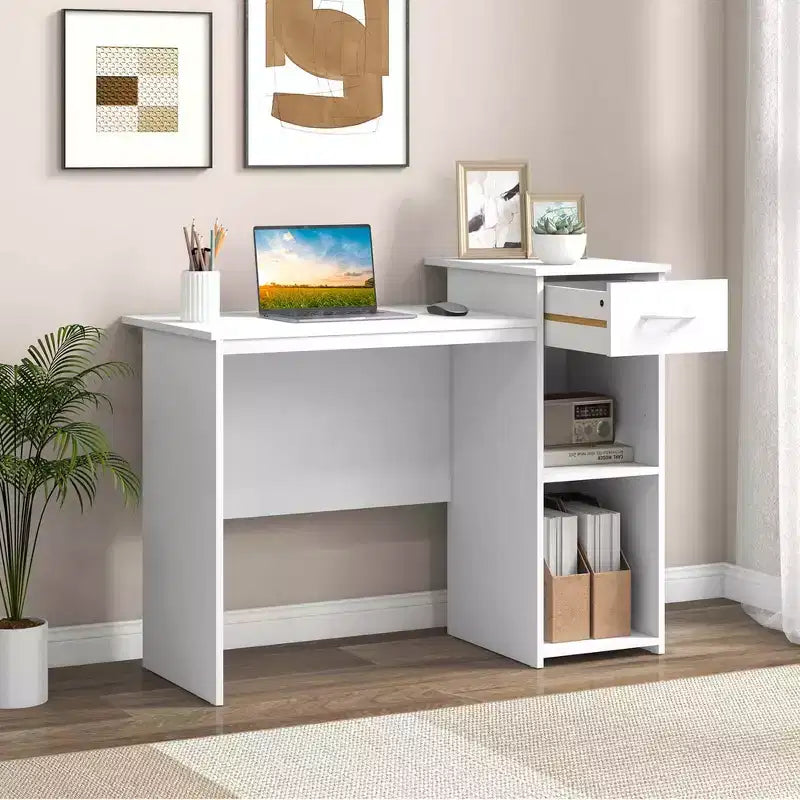Bureau d'ordinateur avec tiroir, bureau PC portable moderne avec étagère réglable et passe-câbles