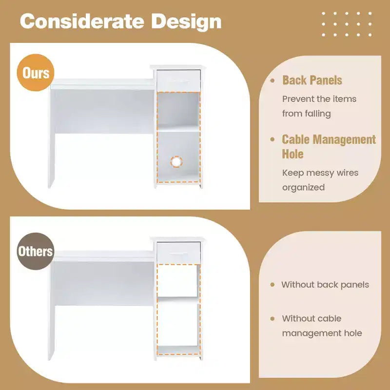 Bureau d'ordinateur avec tiroir, bureau PC portable moderne avec étagère réglable et passe-câbles
